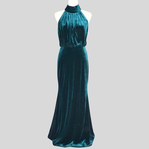 Eliza J. Mock Neck Blouson Velvet Gown Emerald Green Size 8 - Picture 2 of 12